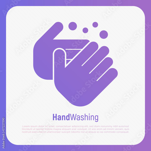 Hand washing with soap thin line icon. Vector illustration of disinfection and hygiene for health.