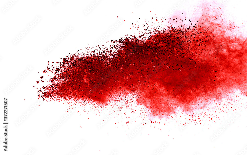 Red dust particle splash isolated on white background.