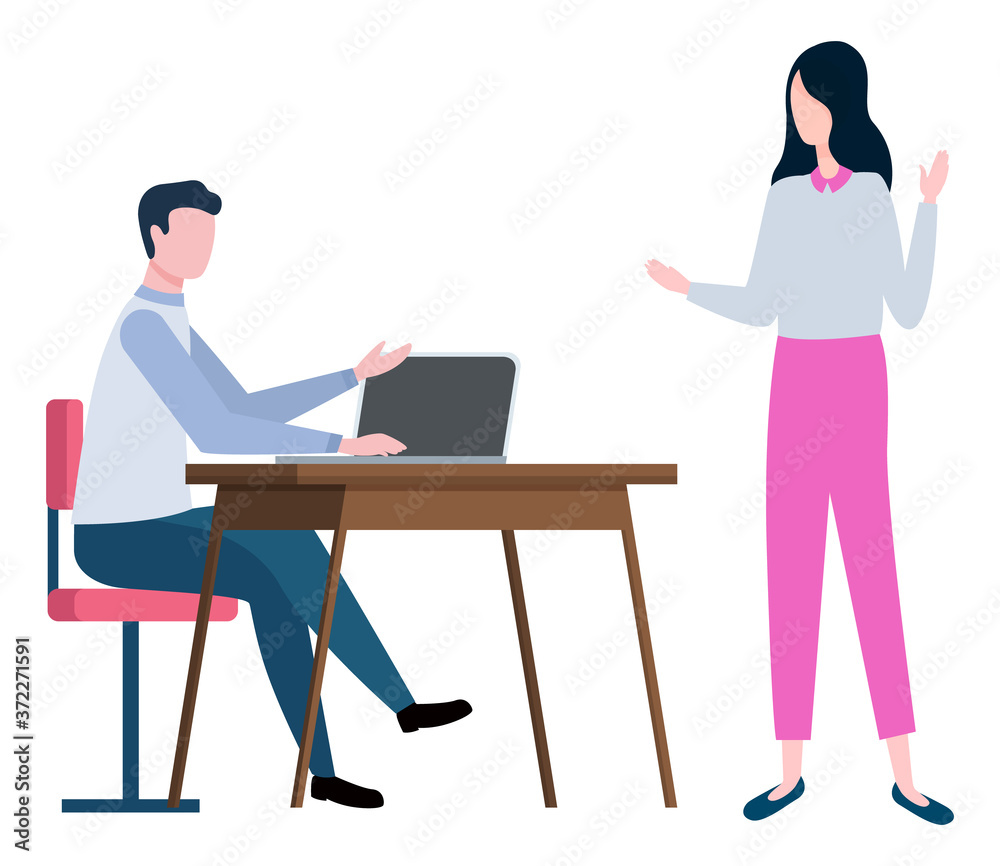 Man sitting at table with notebook and woman discussing work problems. Vector cartoon style people at work place isolated on white, brokers collaboration Man sitting at table with notebook and woman discussing work problems. Vector cartoon style people at work place isolated on white, brokers collaboration