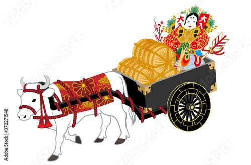縁起物を乗せた牛車を運ぶ白い牛 - 丑年年賀状素材　俯瞰