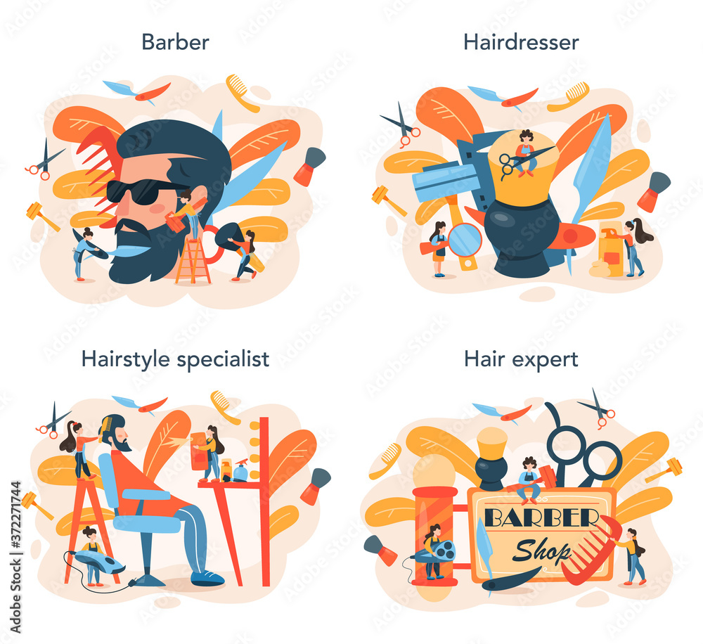Barber concept set. Idea of hair and beard care. Scissors and brush