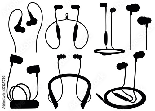 Wired headphones in the set. Vector image.