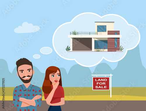 A young man and woman are choosing a piece of land to build a house. Vector flat illustration.