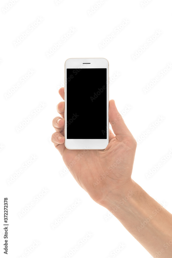 Man holding a smartphone with empty black screen. Mobile phone in a vertical position in hands and isolated on white background. High quality studio shot. Man shows the phone screen to the camera. Man holding a smartphone with empty black screen. Mobile phone in a vertical position in hands and isolated on white background. High quality studio shot. Man shows the phone screen to the camera.