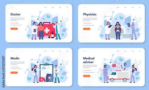 Doctor web banner or landing page set. Therapist examine