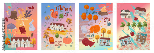 Set of square cards with houses and yellow trees. Autumn weather, seasonal design. Vector design, flat illustration