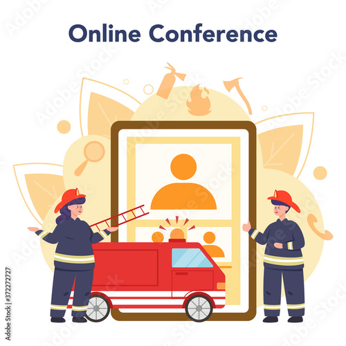 Fireman online service or platform set. Professional fire brigade