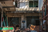 Bangkok, Thailand - 26 Jan 2020 : External of old house was left to deteriorate over time, Chinese Architecture style, Abandoned house, Destroyed house, Ruined house, Selective focus.