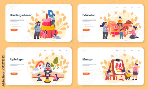 Kindergartener web banner or landing page set. Professional nany