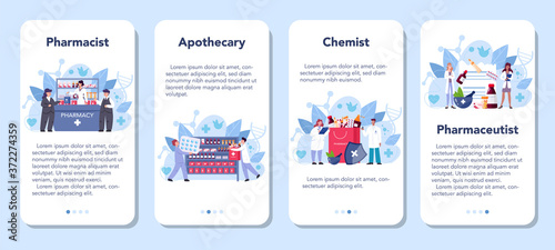 Pharmacy mobile application banner set. Pharmacist holding a bag