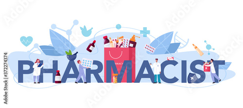 Pharmacy typographic header. Pharmacist holding a bag