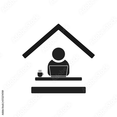 Remote work from home office flat vector icon. Black editable symbol of man sitting at the desk with a computer workstation at his own workspace in coworking or home. Internet job concept V5