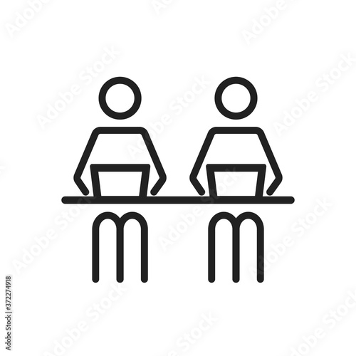 Remote co worker at the desk at the coworking office boardroom vector editable line icon. Stroke style symbol of people that work from home office on the laptop. Man on chair with computer concept V6