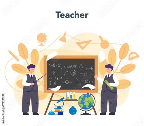 Teacher concept. Profesor standing in front of the blackboard