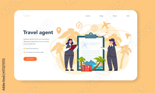 Travel agent web banner or landing page. Office worker selling tour,