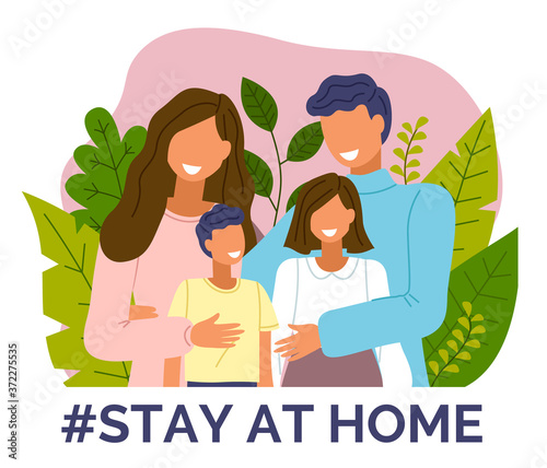 Stay at home concept. Happy family at leaves background. Mother, father, boy, girl keep rules of quarantine, self-isolation. Coronavirus prevention concept. Virus outbreak. People staying safe careful