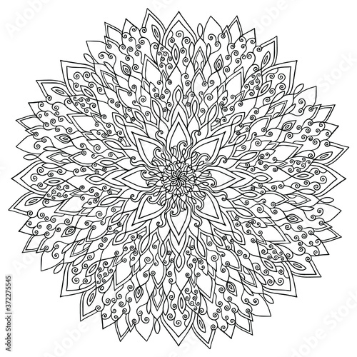 Floral mandala coloring page. Vector outline illustration with doodle and zentangle elements. Isolated line art for meditation,decor, print, tatoo, wedding.