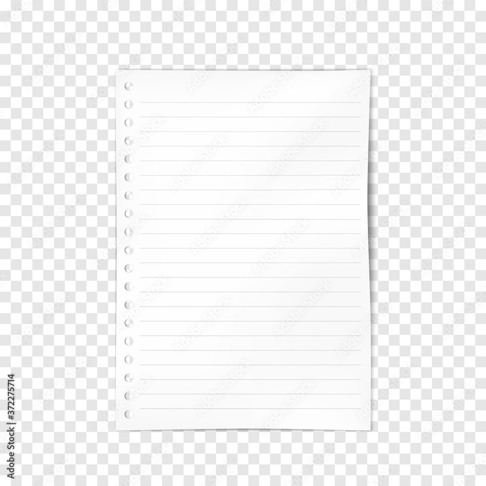 White blank lined A4 hole punched filler paper sheet for ring bound notebook on transparent background. Vector mock-up White blank lined A4 hole punched filler paper sheet for ring bound notebook on transparent background. Vector mock-up