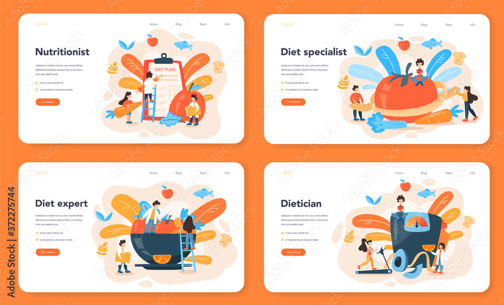 Fototapeta premium Nutritionist web banner or landing page set. Diet plan with healthy food