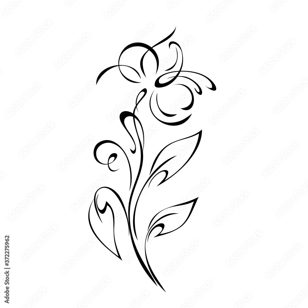 ornament 1266. decorative twig with one stylized flower, leaves and curls in black lines on a white background