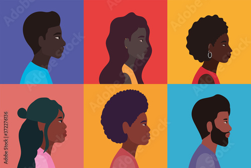 black women and men cartoons in multicolored frames background design, people multiethnic race and community theme Vector illustration