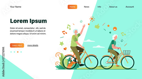 Senior man and woman riding bikes in city park. Happy cartoon old family couple enjoying outdoor activity. Vector illustration for retirement, active lifestyle, age, relationship concept