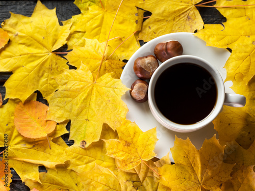 White coffee Cup top view of a table with yellow autumn maple leaves