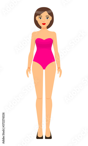 Cartoon vector character. Pretty woman in underwear. Girl wear pink swimsuit. Young brunette with short haircut. Slim girl isolated at white. Beautiful brown-haired lady with red lips in bathing suit