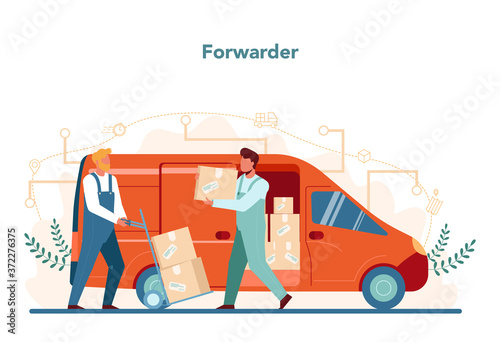 Forwarder concept. Transportation service concept. Loader in uniform