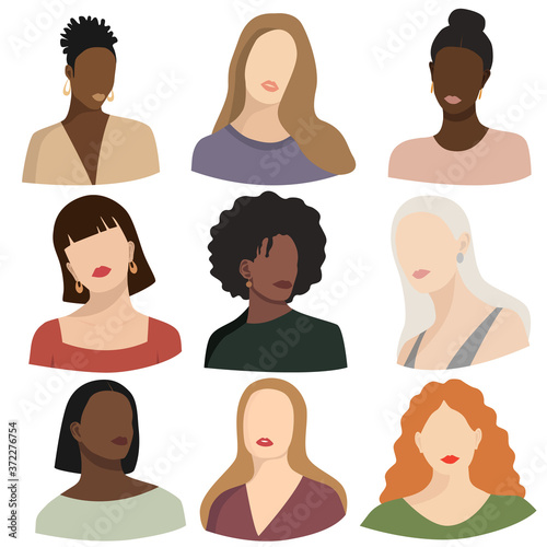 Abstract woman portraits. Set of female silhouettes. Different hairstyles. Vector illustration isolated on white. Flat design. Pastel colors. Beautiful woman faces.