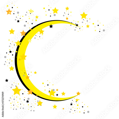 Illustration with a bright crescent moon shining through the stars.