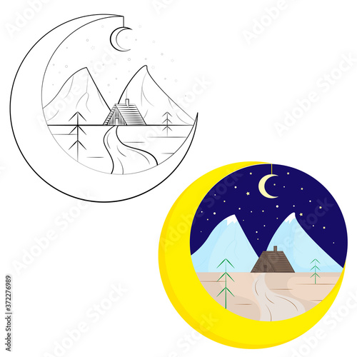 Mountain landscape. House road. The night sky.