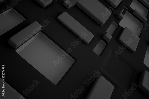 Geometrical shapes background. Black and white minimalist tech wall. Abstract 3D backdrop.
