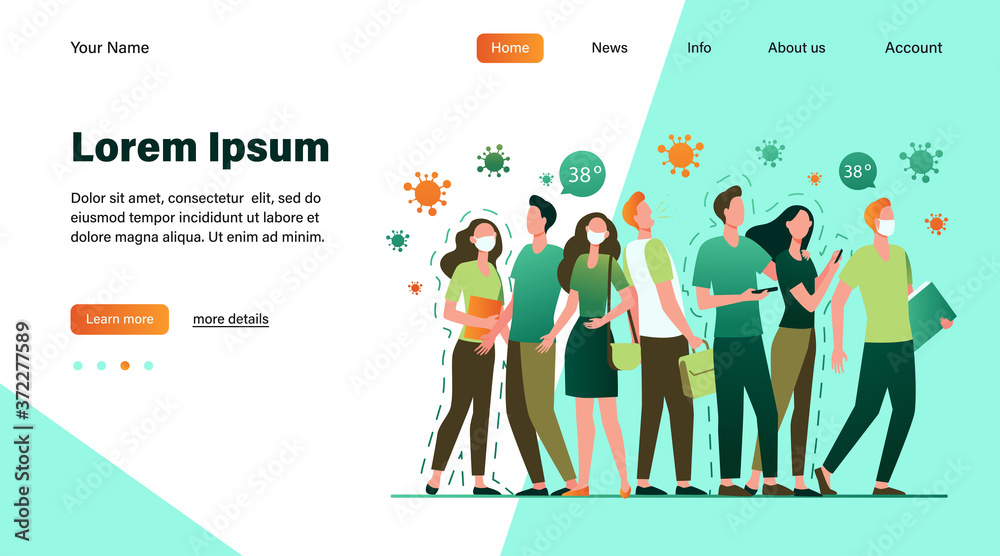 Infection spreading in crowd. People with and without masks standing together, coughing, suffering from fever. Vector illustration for coronavirus, quarantine, danger, alert, outbreak concept