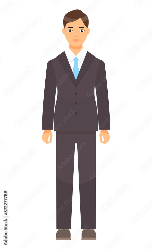 Isolated cartoon character businessman wearing stylish brown suit, blue tie. Man in jacket and trousers, white shirt. Business person style. Dresscode of office worker. Brown-haired guy, cloth element