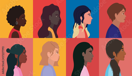 diversity women and man cartoons in multicolored frames background design, people multiethnic race and community theme Vector illustration