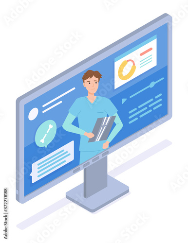 X-ray expert conducts an online video conference. Radiologist holds X-raying scan of a broken bone. Consultation with a radiographer. X-ray examination of the human body. Medicine flat illustration