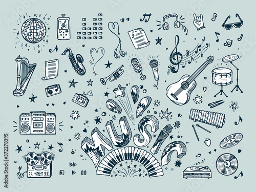 Vector Music icons set. Hand drawn doodle Musical Instruments, Retro musical equipment. Word Music.