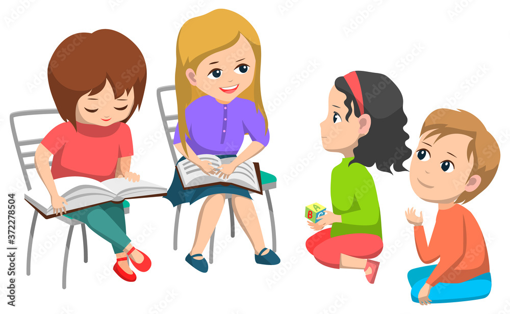 Pupils reading book, girl and boy studying, elementary school. Girl and boy educating, classmates with literature, friends learning, schoolchildren vector