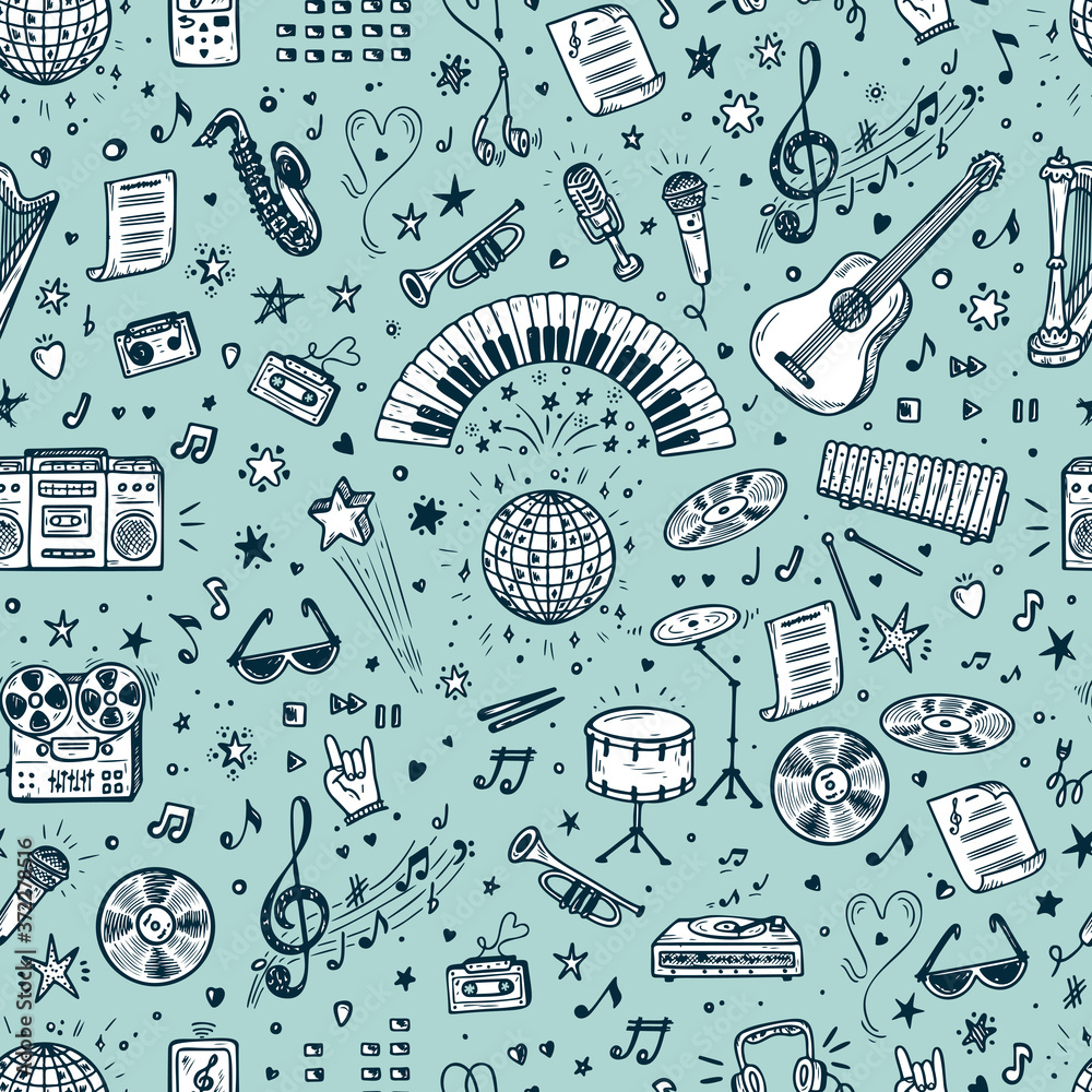 Vector Music background. Seamless pattern with Hand drawn doodle Musical Instruments, Retro musical equipment. Vector Music background. Seamless pattern with Hand drawn doodle Musical Instruments, Retro musical equipment.