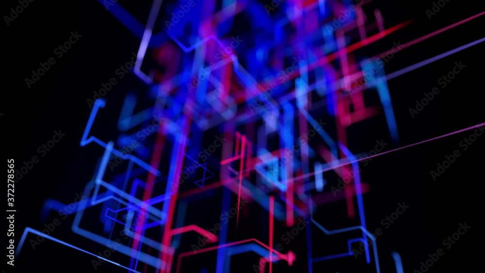 Motion graphics, sci-fi bg with flow of blue red neon glow lines form ...