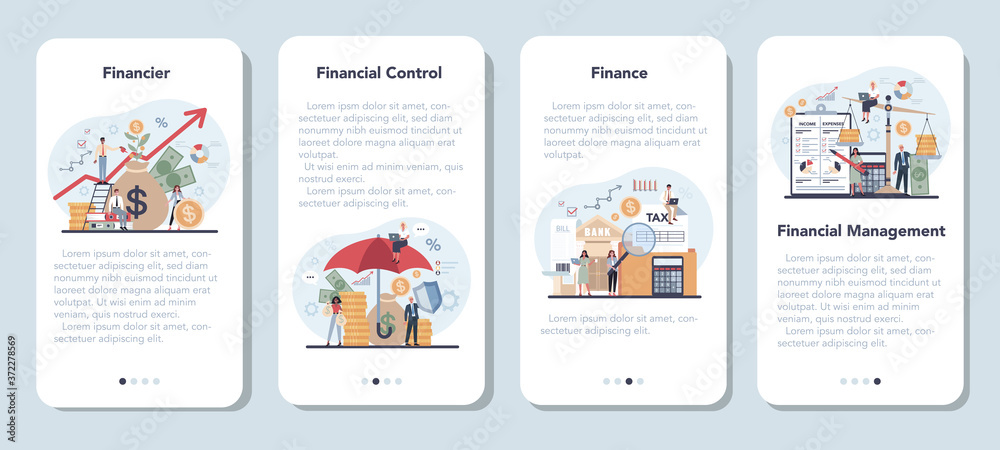 Financier mobile application banner set. Business character making