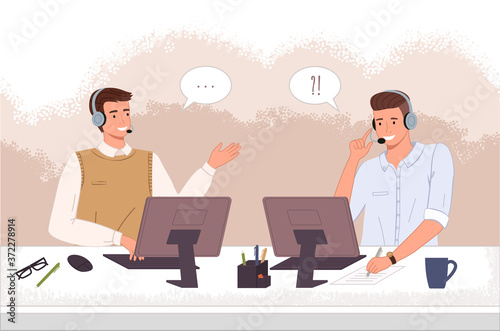 Males operators call center or hotline. Men in headphones sit at a computer and help customers online. Hotline support service. Customer helpdesk assistances. Customer service banners with support