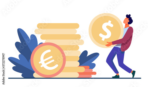 Tiny guy carrying huge gold coin. Dollar, cash, money flat vector illustration. Finance and banking concept for banner, website design or landing web page