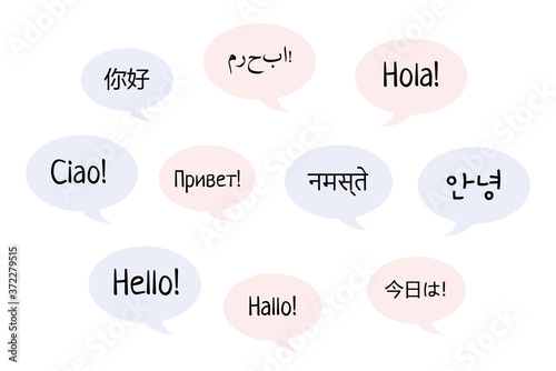 Greetings in different languages of the world. Word Hello in different languages in the clouds. English, Chinese, German, Russian. Diverse cultures, international communication concept. Flat image