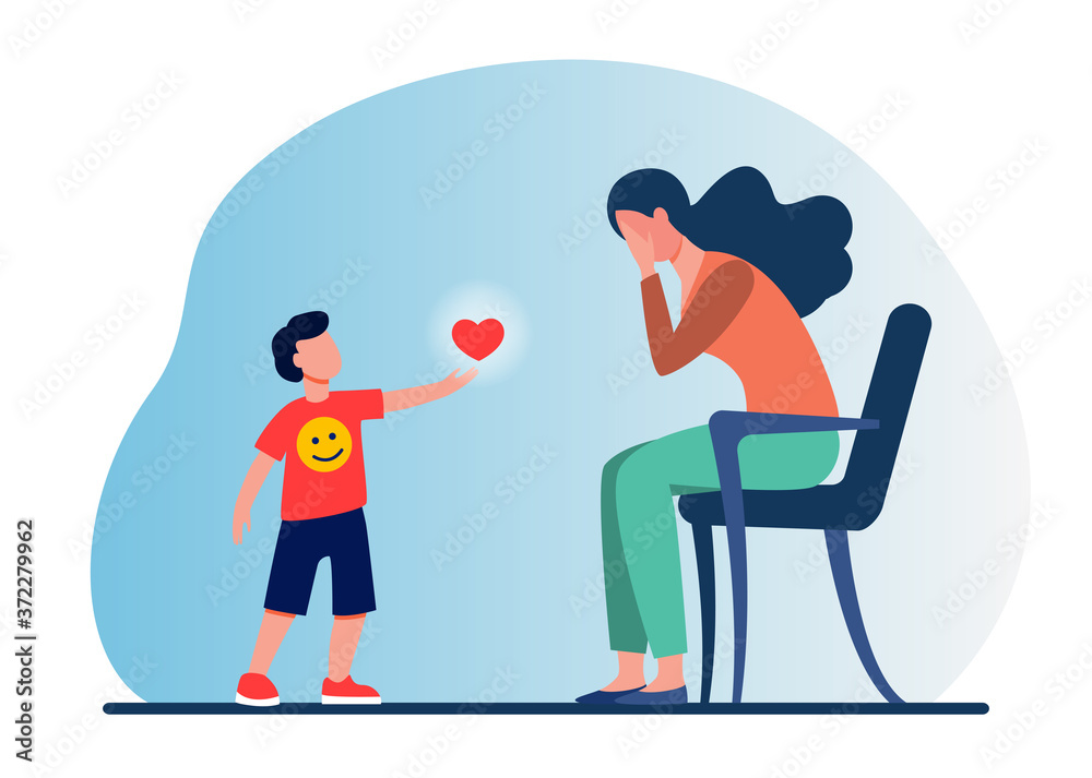 Little boy giving heart to sad mother. Love, care, childhood flat vector illustration. Relationship and family concept for banner, website design or landing web page Little boy giving heart to sad mother. Love, care, childhood flat vector illustration. Relationship and family concept for banner, website design or landing web page