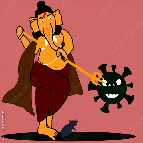 Vector illustraion of Lord Ganapati killing the dangerous coronavirus statue,Ganesh Chaturthi festival Celebration, Hindhu festival. 
