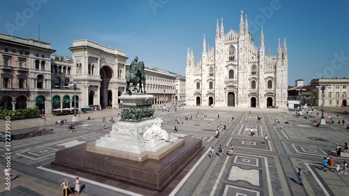 Milan, Italy. View of Duomo square e view of the main facade of the Cathedral