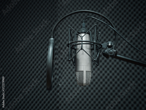Professional condenser studio microphone with shock mount and pop shield inside a booth with acoustic panels on the background.