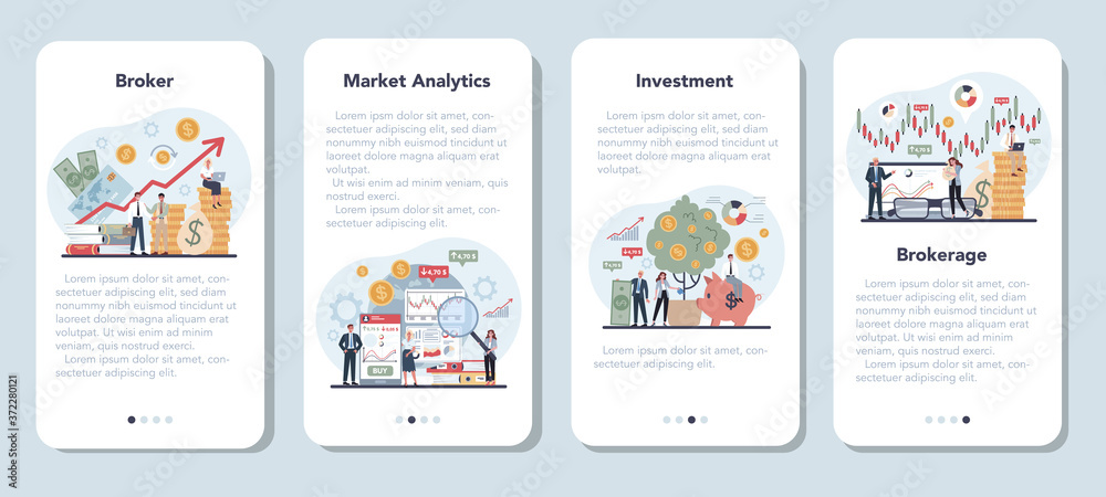 Financial broker mobile application banner set. Income, investment